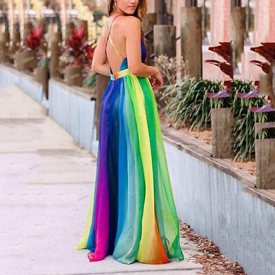 #ad #ad Sexy Women#x27;s Summer Beach Maxi Dresses Deep V Rainbow Chiffon Suspender Dress $23.69