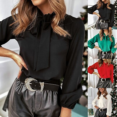 #ad Women#x27;s Silk Blouse Bow Tie Neck Long Sleeve Satin Shirt Casual Office Shirt Top $19.49
