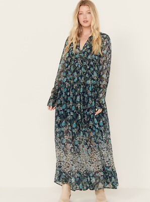 Free People Women’s Maxi Blue And Green Floral Print Boho Dress Large NEW $117.00