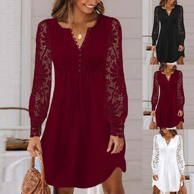 #ad Ladies Spring Lace Solid Long Sleeve V Neck Pleated Dress Party Cocktail Gowns $27.29