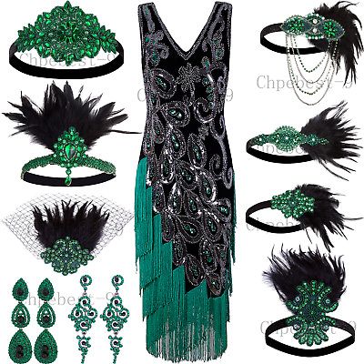 Green Peacock Style 1920s Flapper Dresses Vintage Fringe Party Cocktail Costumes $14.94