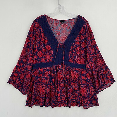 Torrid Plus Size 3X Lace Up Babydoll Top Crinkle Gauze Floral Red Navy Boho $24.99
