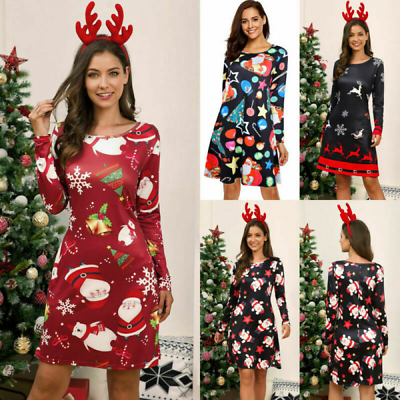Womens Christmas Loose Dresses Ladies Long Sleeve Party Mini Dresses Print UK XL $21.69