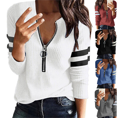 Womens Casual knitted Sweater Zipper Pullover Tops Long Sleeve Jumper Blouse US $20.33