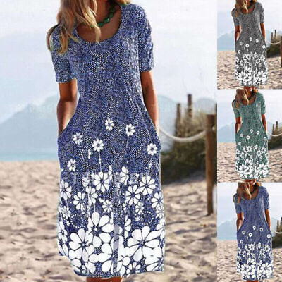 #ad Ladies Womens Print Casual Party Dresses Summer Sun Dress Crew Neck Floral $19.26
