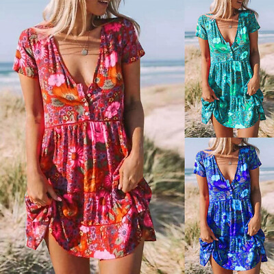 Womens V Neck Floral Mini Button Dress Summer Beach Short Sleeve Boho Sundress $21.14