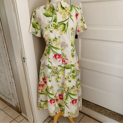 #ad FieldGear Linen Prairie Floral Print Shirt Skirt Lagenlook size Large 16 $30.00