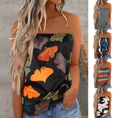 #ad Boho Women Strapless Bandeau Tube Tops Summer Beach Blouse T Shirt Tops S 3XL ❤ $10.96