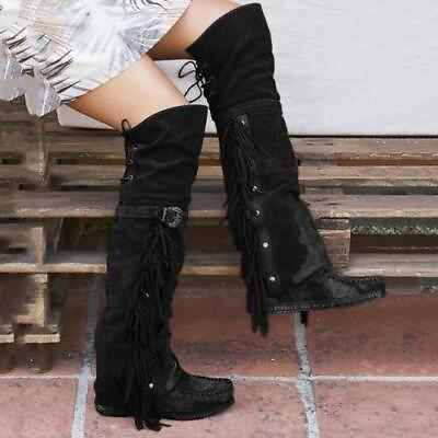 #ad Women Round Toe Shoes Tassel Knee High Buckle Strap Winter Boho Boots $48.42