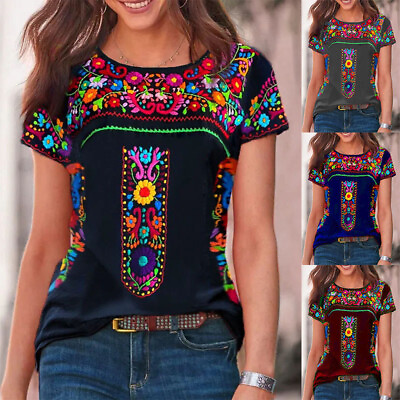 #ad Womens BOHO Short Sleeve Tops T Shirt Ladies Summer Casual Loose Blouse Tee Tops $15.59
