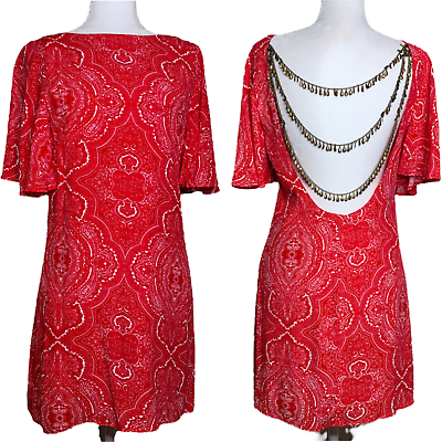 #ad Lulus Start a Party Women#x27;s Low Back Paisley Print Dress Chain Detail Red Small $29.97