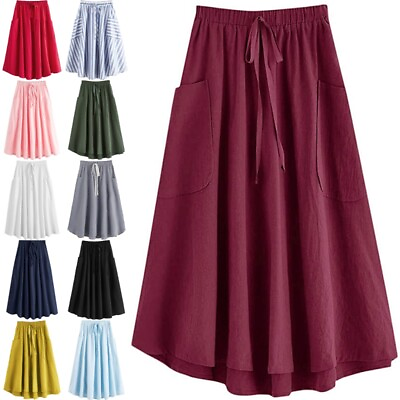 #ad Ladies Pleated Skirt Casual Summer Midi Length A line Skirt With Pockets Women $22.89