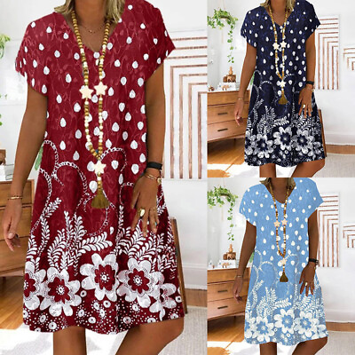 #ad Plus Size Womens Short Sleeve V Neck Dress Ladies Summer Beach Holiday Sundress $15.11