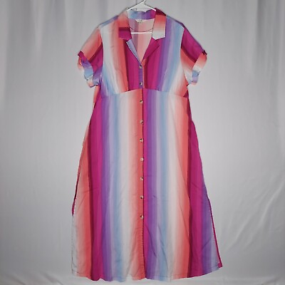 #ad Terra Sky Maxi Dress 14W Multicolor Stripe Short Sleeve Button Empire Collar $24.93