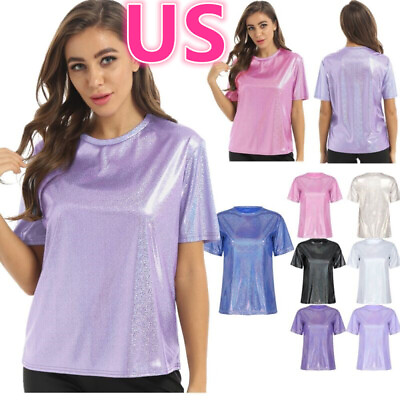 #ad US Women#x27;s Shiny Short Sleeve Loose T Shirt Tops Blouse Glitter Party Tops Club $10.71