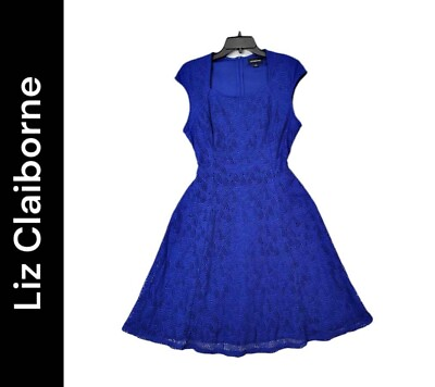 #ad Liz Claiborne Blue Dress Size 8 Women Cap Sleeves Flare Dress New $74 $27.75