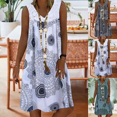 #ad Summer Women Boho Print A Line Sleeveless Mini Dress Holiday Beach Sundress Plus $18.23