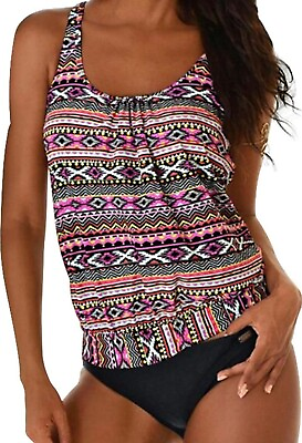 #ad Women#x27;s Two Piece Swimsuit Padded Push Up Tankini Set Floral Printed Large $10.20