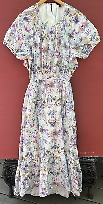 #ad J Crew Maxi Dress 16 Obscura Floral Beige Purple Puff Sleeve Cutout Back $44.99