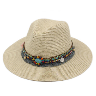 Straw Sunhat Womens Beach Panama Wide Brim Fedora Hat Summer Bohemia Tassel Band $10.99
