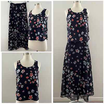 #ad Ann Taylor 2 Piece Floral Skirt and Top Set Sleeveless Maxi Blue Size XXSP XSP $25.00