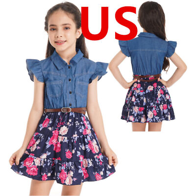 #ad US Kid Girls Dress Ruffle Sleeve Denim Top Floral Casual Princess Beach Playwear $17.19