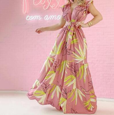 #ad Womens 2022 Fashion V Neck Falbala Short Sleeve BOHO Beach Flared Maxi Dress SUN $31.27