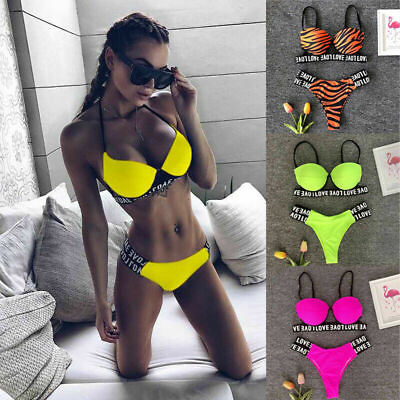 #ad #ad Womens Sexy Push Up Swimwear Brazilian Bikini Set Letter Print Bandage Swimsuit $17.99