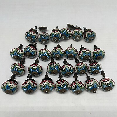 #ad 26 Floral Ceramic Drawer Knobs Painted Flowers Boho Whimsy w Hardware $49.95