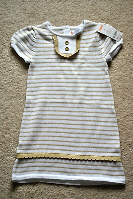 #ad Gymboree Girls#x27; White amp; Gold Striped Short Sleeves Sweater Dress Size 3T $14.99