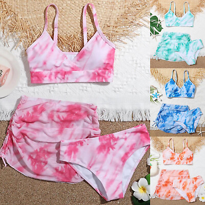 #ad Girls Summer Crisscross To Dyeing Printing Floral Print Three Piece Swimsuit $15.97