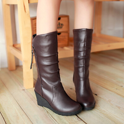 #ad Womens Retro Mid calf Boots PU Leather Wedge Booties Casual Round Toe Shoes $41.12