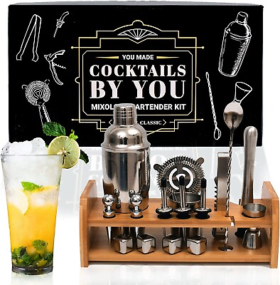 Cocktail Mixology Shaker Set Bartender Kit with Stylish Bamboo Stand Bar $38.99