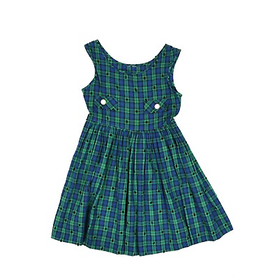 Vintage 60s Blue Green Sleeveless Plaid Preppy Flair Skirt Party Girls Dress 6 $30.00