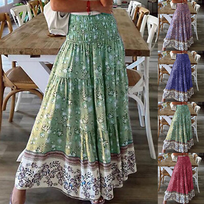 #ad #ad Womens Boho Floral Long Maxi Skirt Ladies High Waist Beach Swing Long Dress US $24.69