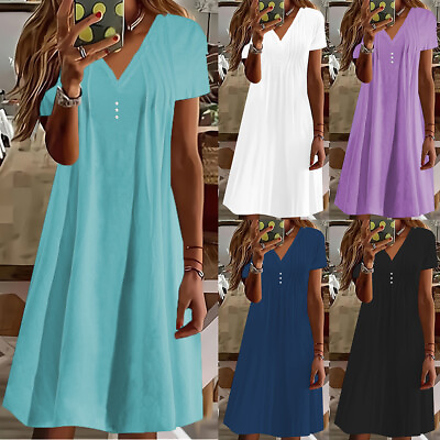 #ad Womens Summer Casual Cotton Maxi Dress Button Short Sleeve Loose Dress Plus Size $4.36