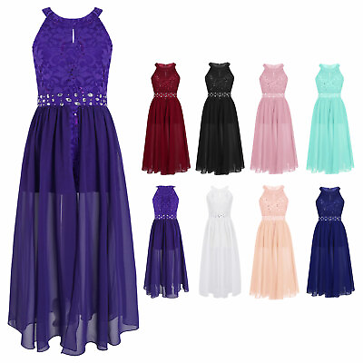 Girls Sleeveless Lace Shiny Rhinestone Maxi Dress Party Formal Dance Romper Gown $26.49
