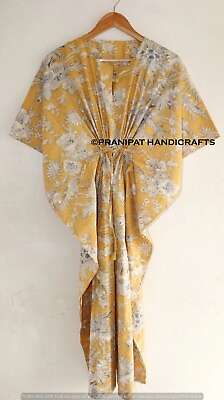 #ad #ad Women Summer Cotton Hippie Sleepwear Floral Print Gold Long Maxi Caftan Dress $22.55