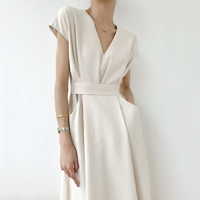 Summer Maxi Dresses Women French Fashion Elegant Dress Belt Solid Color V neck $69.30