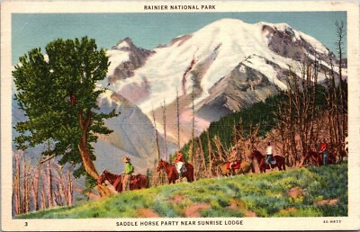 #ad Postcard Rainier National Park Saddle Horse Party Near Sunrise Lodge 1941 $7.75