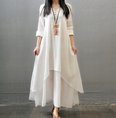 Womens Cotton Linend Retro Dresses Chic Boho A Line Long Skirt Loose Plus Casual $46.37
