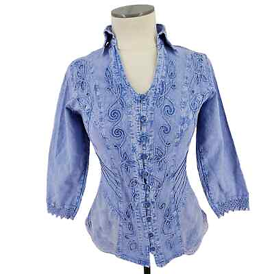 #ad Giocam Embroidered Button Front Top Women Size Small Fairy Kei Gypsy Boho Blue $24.88