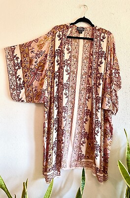 #ad Angie Floral Kimono Open Front Boho Women#x27;s S Cover Up Wide Sleeve Oversized $15.00