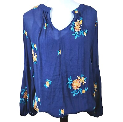 #ad Figueroa Flower Anthropologie Top Blue Embroidered Boho Sheer Tunic Womens Large $21.99