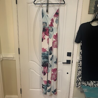 #ad Pink Lily Floral Maxi Dress White Sz S Tie Back Waist Deep V Neck $24.00