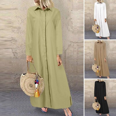 #ad Women Long Sleeve Shirt Dress Ladies Casual Solid Loose Kaftan Button Maxi Dress $28.99