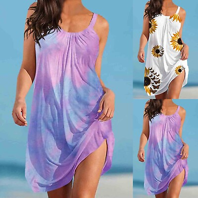 #ad Women#x27;s Fashion Sexy Sleeveless Cute Cartoon Print Hem Loose Beach Dress $9.79