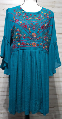 #ad Umgee USA 1X Boho Dress Floral Embroidered and Lined Bell Sleeve Tunic Green $22.99