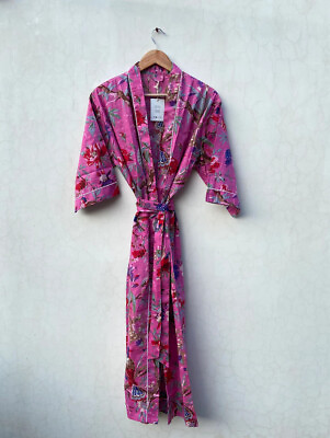 Indian Dark Pink Kimono Night Wear Gown Bird Printed Pure Cotton Maxi Girls Gown $22.50