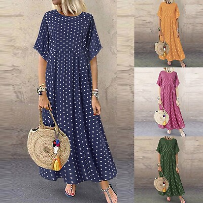 #ad Womens Short Sleeve Polka Dot Long Dress Ladies Baggy Kaftan Maxi Dress Sundress $25.75